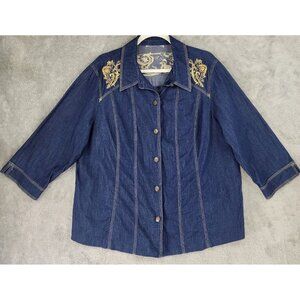 Susan Graver Shirt Womens 1X Blue Denim Floral Metallic Embroidered Sequined